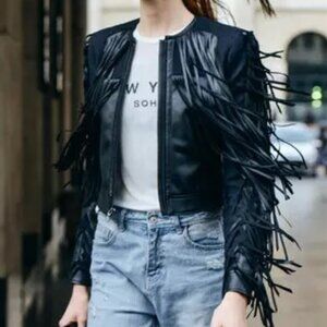 BCBGMAXAZRIA Farrell Black Fringe-Trim Faux Leather Short Jacket SZ XS